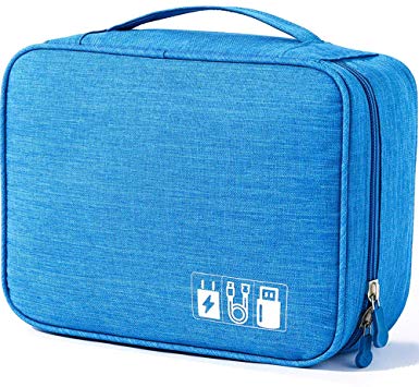 Electronics Accessories Organizer Bag, Universal Travel Digital Accessories Storage Bag for Portable Charger, Cables, Earphone, Ipad Mini, iPhone, Cord, Customize Inside with Dividers - Blue