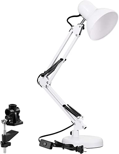 TORCHSTAR Metal Swing Arm Desk Lamp, Interchangeable Base Or Clamp, Classic Architect Clip On Study Table Lamp, Multi-Joint, Adjustable Arm, White Finish