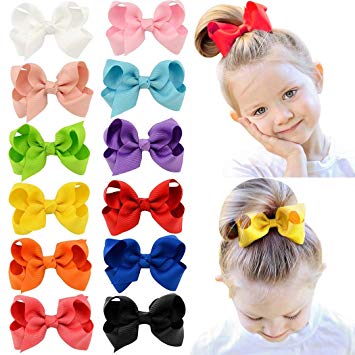 HLIN 12 Pcs 3" Grosgrain Ribbon Boutique Hair Bows Alligator Clips Hand Made for Baby Girls Toddlers Kids