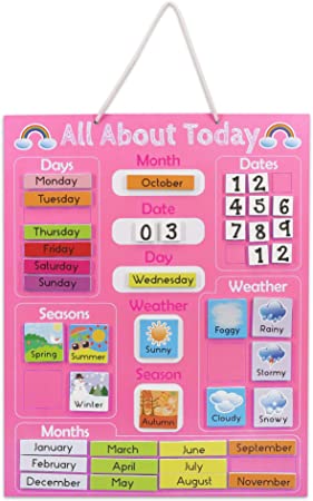 Navaris Kids Magnetic Calendar - Early Years Learning - Weather, Date, Month, Day, Season Educational Chart for Children - Kids Wall Board - Pink