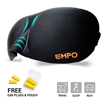 EMPO® Eye Mask / Sleep Mask Soft Memory Foam Contoured with Free Ear Plugs - LIFETIME WARRANTY - Sleep Deeply Anywhere Anytime - Two SoftMAX© Adjustable Straps to Fit All Head Sizes - Ultra Lightweight and Comfortable - Allows You to Blink & Breathe Freely - Wake Up Completely Refreshed - Helps with Migraines/Insomnia, Perfect for Travel, Shift Work and Meditation - Black