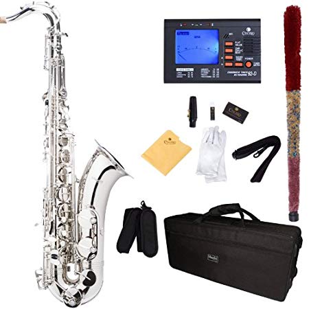 Mendini by Cecilio MTS-N 92D Nickel Plated B Flat Tenor Saxophone with Tuner, Case, Mouthpiece, 10 Reeds and More