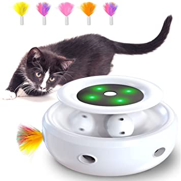 HOFIT Interactive Cat Toy, Ambush and Ball Tracks 2-in-1 Robotic Cat Toy with 4 Exchangeable Feathers, Electric Cat Ball Toys for Indoor Cats/Kitten