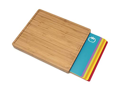 Lipper International 8869 Bamboo Wood Cutting Board with 6 Colored Poly Inlay Mats, 16" x 13-1/8" x 1-5/8"