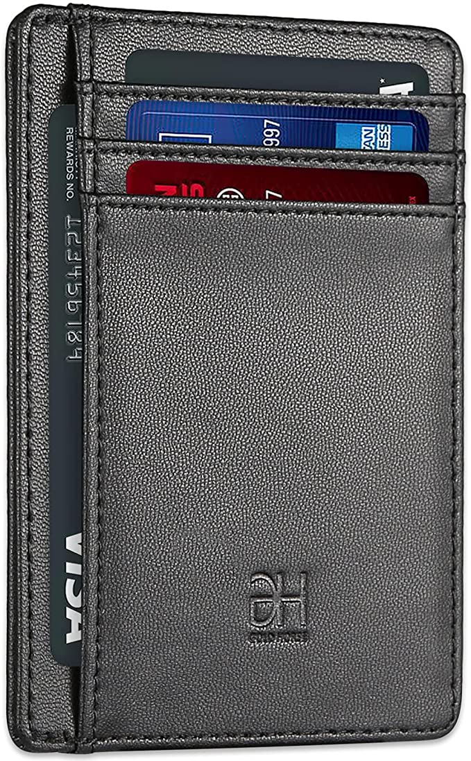 Slim Minimalist Leather Wallet RFID Blocking Front Pocket Card Holder for Men Women (GH Black)