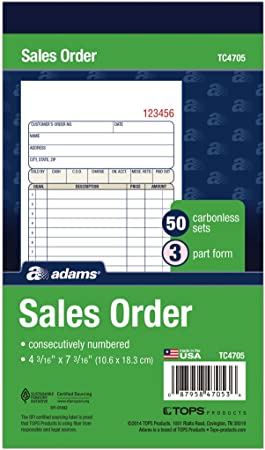 Adams Sales Order Book, 3-Part, Carbonless, 4-3/16" X 7-3/16" Inch, 50 Sets, White, Canary and Pink (TC4705)