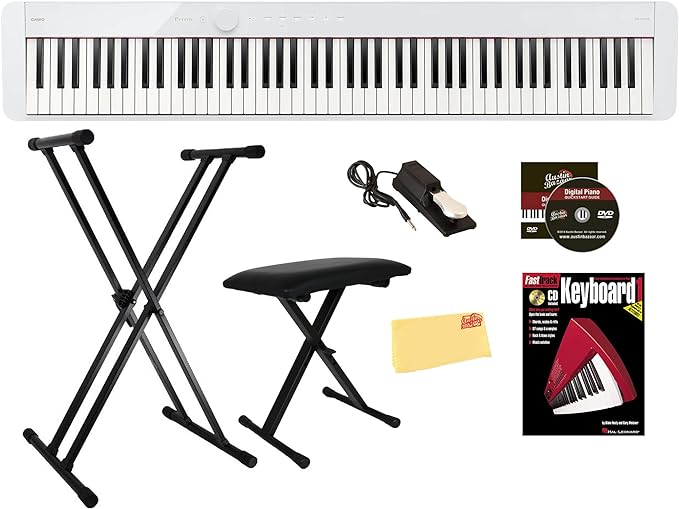 Casio Privia PX-S1100 Digital Piano Bundle with Adjustable Stand, Bench, Sustain Pedal, Instructional Book, Austin Bazaar Instructional DVD, and Polishing Cloth - White