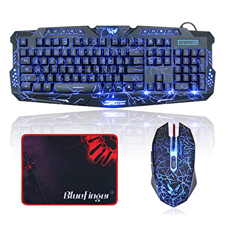 BlueFinger Gaming Keyboard and Mouse Set - USB Wired LED Red Blue Purple 3 Color Backlit Gaming Keyboard and Mouse Combo with Customised MousePad