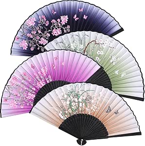 Zonon 4 Pack Handheld Floral Folding Fans Hand Held Fans Silk Bamboo Fans with Tassel Women Hollowed Hand Foldable Fan with Fabric Sleeve for Dancing Wedding Decoration Gifts (Fresh)