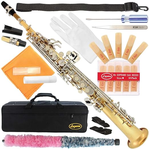 Gold Body-Silver Keys Bb B-Flat Straight Soprano Saxophone Sax Lazarro 11 Reeds,Care Kit~24 COLORS Available-300-LN