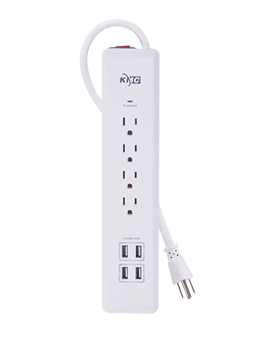 KMC 4-Outlet Power Strip Surge Protector with 4 USB Charging Ports - 4.8A, 4 Foot Power Cord,