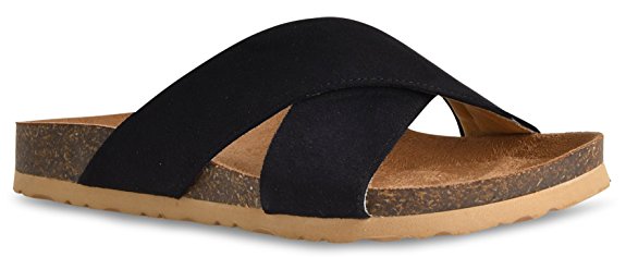 LUSTHAVE Women's Slip on Slide Sandals - Low Cork Bottom - Comfort Platform Flats - Open Toe