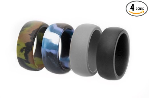 Mens Silicone Wedding Ring Band - 4 Rings Pack - Ultra Premium Bands for Active Men - Black Grey Blue Camo