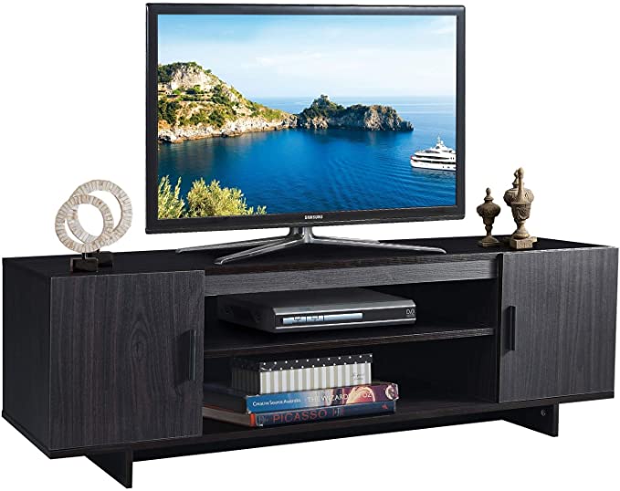 Tangkula Mid Century Modern Wood Universal TV Stand for TV up to 65", Media Console with 2 Storage Cabinets & Open Shelves, Home Living Room Furniture Entertainment Center (Brown)