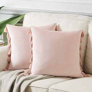 Fancy Homi Pack of 2 Cute Decorative Throw Pillow Covers with Handmade Tassels, Soft Velvet Peach Solid Square Cushion Case Set for Couch Sofa Bedroom Car Living Room (20x20 Inch/50x50 cm, Blush Pink)