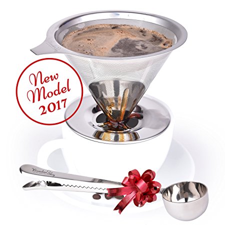 Cleaver Pour Over Coffee Dripper 4 Cup Capacity | Reusable Paperless Permanent | Laser Cut Dual Mesh Filter | Dishwasher Safe Stainless Steel Easy Clean| Best Kitchen Gift by Wonder Sky