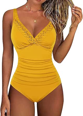 Hilor Women's One Piece Swimsuits Pin Tucked Surplice Swimwear Tummy Control Bathing Suits Monokinis