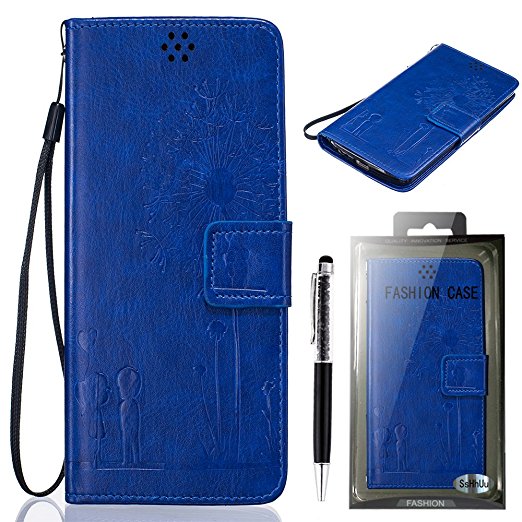 Huawei Honor 5X Case, SsHhUu Rugged Armor [Dandelion Embossing] Flip Cover Accessories Leather Case with Silicone Back Cover PU Leather Phone Case Bookstyle Stand Function Card Tray Magnet Case Shell  Stylus Pen for Huawei Honor 5X / GR5 (5.5") Blue