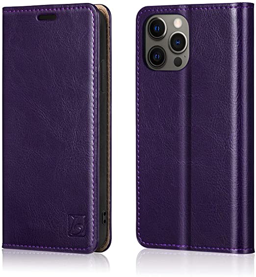 Belemay Compatible with iPhone 12/12 Pro Wallet Case 5G (6.1") Genuine Cowhide Leather Folio Flip Cover [RFID Blocking] Credit Card Holder [Soft TPU Shell] Kickstand Function Folding Book Case, Purple