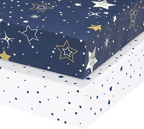 PHF 100% Cotton Crib Sheets Fitted 2 Pack, Soft Breathable Comfortable Baby Sheet Set for Boys Girls, Premium Crib Sheets Fits Standard Crib and Toddler Mattress 28in x 52in, Space & Stars