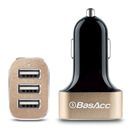 BasAcc 6.6A/33W Premium Aluminum 3-Port USB Rapid Portable Travel Car Charger W/ Smart Sense IC (Highest Output) for iPhone 7 Plus/ 6S Plus, iPad, Galaxy S7 Edge/ S7, Nintendo Switch, Black/Gold