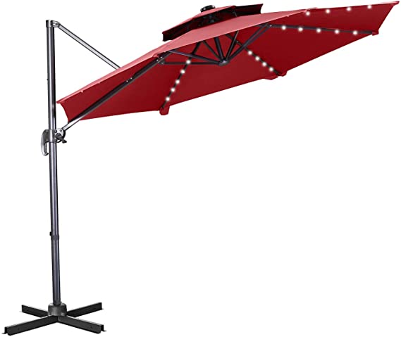 HYD-Parts Patio Offset Cantilever Umbrella 10 FT UV Protection,Outdoor Umbrella 360° Rotation with Cross Base Tilt for Garden, Deck, Backyard (Vented Red)