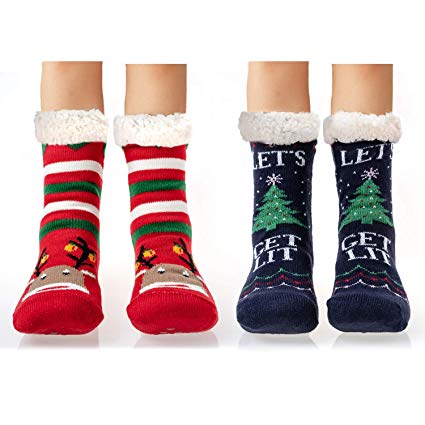 Slipper Socks Fleece-Lined Cozy Thick Winter Knee Highs Stockings for Woman Men Christmas Socks