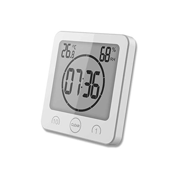 FLYDEER Bathroom Shower Clock Digital Clock Timer Large LCD Display Touch Screen Timer with Temperature Humidity Display for Bathroom Shower Kitchen (White)
