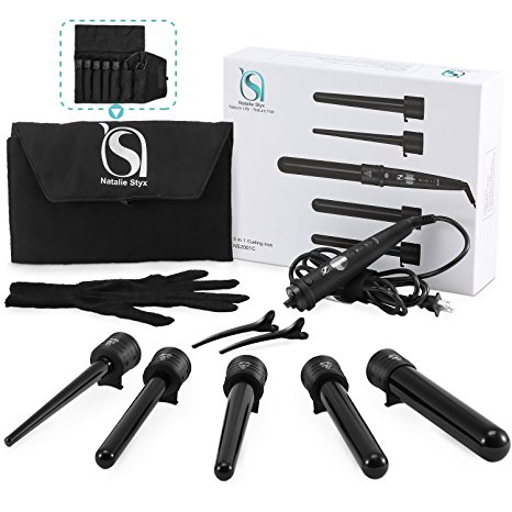 Natalie Styx 5 in 1 Curling Iron Black Wand Set with 5 pcs Interchangeable Tourmaline Ceramic Heads Multiple Barrels curling set and LCD Display,Heat Protective Glove, Travel size Bag Gift for mother