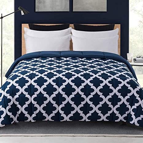 Cosybay King Comforter, Blue Printed and Blue Reversible Down Alternative Comforter, All Season Lightweight Duvet Insert, Double Sided(102×90 Inch)