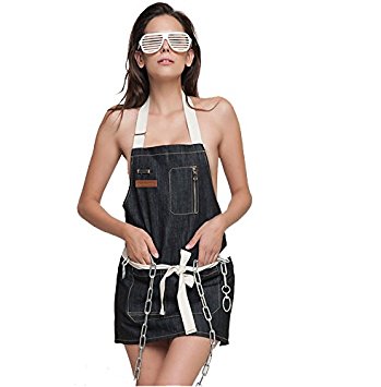 Chef Works Korean Style Jeans Working Tablier Coffee Baking Bar Restaurant Studio Working Clothes Denim Bib Apron (Short Black)