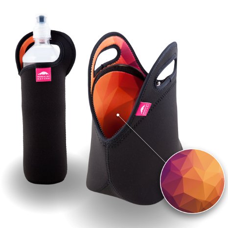 Insulated Neoprene Lunch Set: Lunch Bag   Water Bottle Sleeve | Lightweight With Rugged Zipper & Space for Larger Lunches | Washable, Nontoxic, Black with Pink Interior by Nordic by Nature