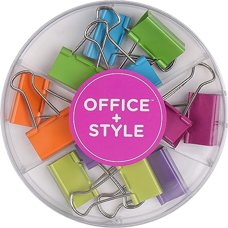 Office Style Medium Sized Binder Clips with Clear Plastic Storage Container - 12 Pieces - Large