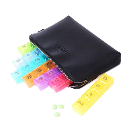 XINHOME Large Weekly Pill Organizer with Cute Travel Case [9.5" x 6" x 1.4"]–Extra Large Leather Pouch Pill Box Container Case to Hold Vitamins, Fish Oil, Supplements, and Medication (Black Pouch)