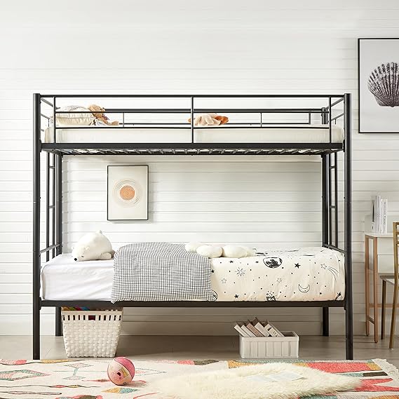 VECELO Metal Bunk Bed Twin Over Twin, Industrial Bunkbeds with Ladder and Full-Length Guardrail, Noise Free, No Boxing Spring Needed, Black