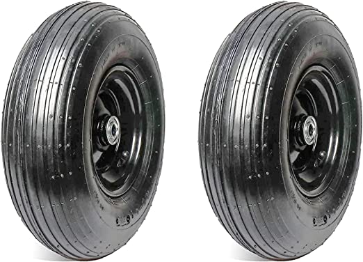 AR-PRO (2-Pack) 13”Replacement 4.00-6” Pneumatic Wheel Assemblies for Residential Wheelbarrows (Black) - Ribbed Tire Treads - with 5/8”Nylon Bearings - Includes 8 Sets Adapter Kit