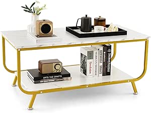 Giantex Marble Coffee Table, 42'' Modern Faux Marble Top Coffee Table with Metal Frame, 2-Tier Sofa Side Table with Storage Shelf, Rectangular Accent Table for Living Room Office (White & Gold)