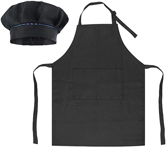 SUNLAND Kids Apron and Hat Set Children Chef Apron for Cooking Baking Painting Black