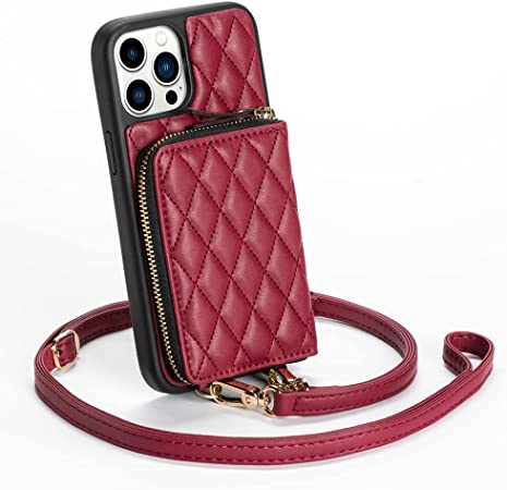 LAMEEKU Wallet Case Compatible with iPhone 13 Pro Max, Crossbody Case Quilted Leather Card Holder with Wrist Strap Protective Bumper Case Compatible with iPhone 13 Pro Max, 6.7 Inch-Red