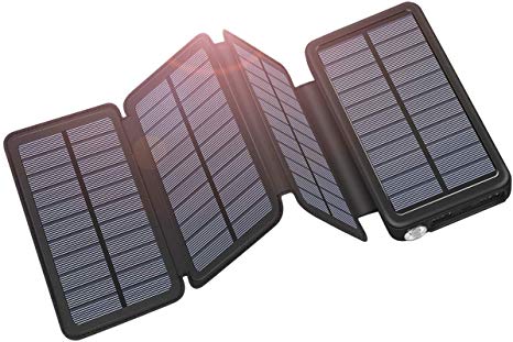 Solar Charger, Hiluckey 25000mAh Portable Solar Power Bank with USB C Port Waterproof External Battery Pack with 4 Solar Panels for iPhone, iPad, Samsung, Android Cellphones and More