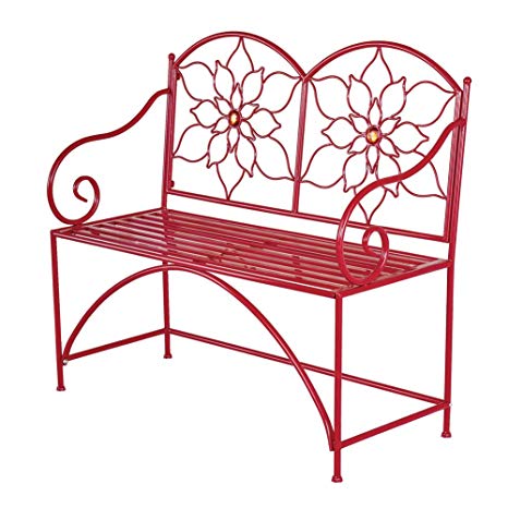 Collections Etc Jeweled Poinsettia Outdoor Garden Bench - Festive Metal Outdoor Furniture