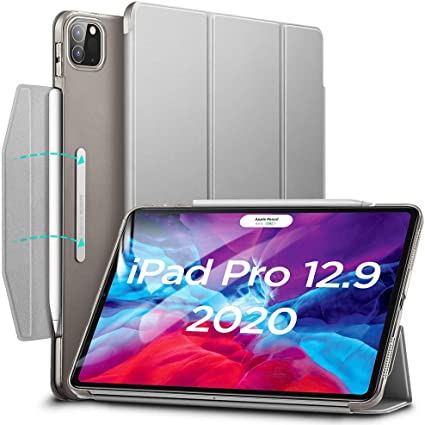 ESR Yippee Trifold Smart Case for iPad Pro 12.9 2020/2018, Lightweight Stand Case with Clasp, Auto Sleep/Wake [Supports Apple Pencil 2 Wireless Charging], Hard Back Cover for iPad Pro 12.9 Silver Gray