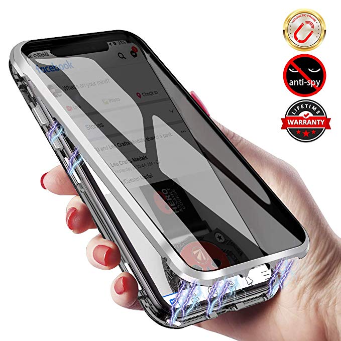 Ofocase Magnetic Case for iPhone 11, Antipeep Magnetic Adsorption 11 Case Double Sided Tempered Glass Metal Frame with Privacy Screen, Anti-spy Coque for Apple iPhone 11 6.1"-Silver