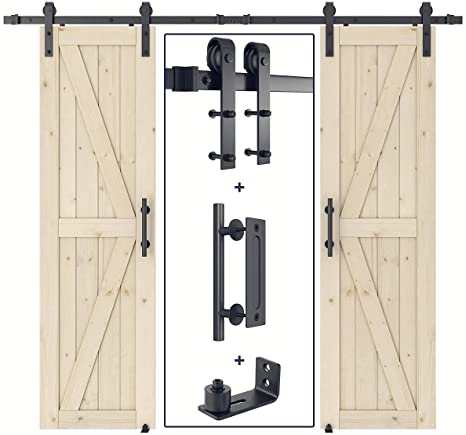 SMARTSTANDARD 24in x 84in Double Sliding Barn Door Whole Kit with J Shape 8ft Barn Door Hardware Kit & Handle, Pre-Drilled Ready to Assemble, DIY Unfinished Solid Spruce Wood Panelled Slab, K-Frame