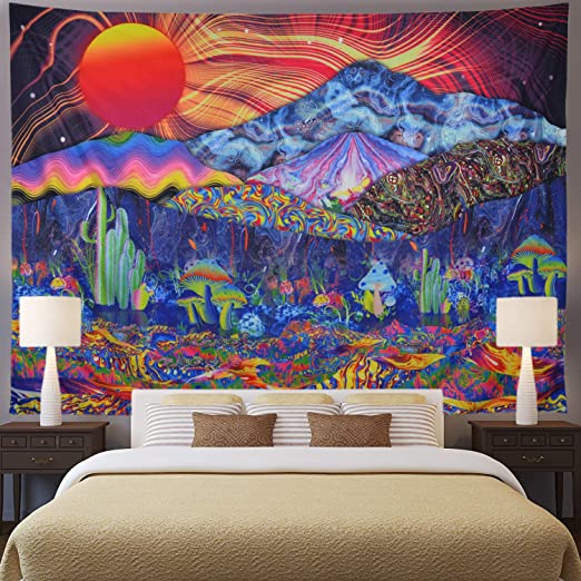 Ameyahud Trippy Mountain Tapestry Psychedelic Sun Tapestry Colorful Mushroom Tapestry Hippie Waves Abstract Tapestry Wall Hanging for Living Room