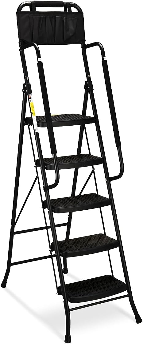 HBTower 5 Step Ladder with Handrails & Tool Bag, Step Ladder 5 Step Folding with Anti-Slip Pedal for Home, Kitchen, Office, 330 lbs Capacity - Black