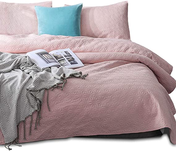 Kasentex Coverlet Quilt Set-Pre Washed-Luxury Microfiber Soft Warm Bedding-Solid Colors Bedspread-Contemporary Design (Blush Pink Star, Oversized King   2 King Shams)