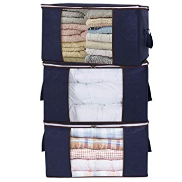 Lifewit Large Capacity Clothes Storage Bag Organizer with Reinforced Handle Thick Fabric for Comforters, Blankets, Bedding, Foldable with Sturdy Zipper, Clear Window, 3 Pack, Dark Blue