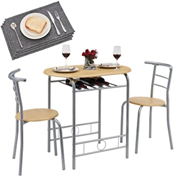 VECELO 3-Piece Bar Table Set, Round Tabletop & Chair for Kitchen Dining Room Breakfast, Built-in Wine Rack, Space Saving, Set of 2, Natural and Silver