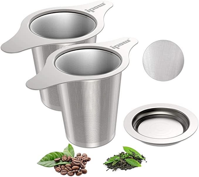 IPOW 2 Pack Upgraded 18/8 Stainless Steel Tea and Coffee Infuser Fine Mesh Filters Tea Strainer Steeper Double Handles for Hanging on Teapots, Mugs, Cups to steep Loose Leaf Tea and Coffee